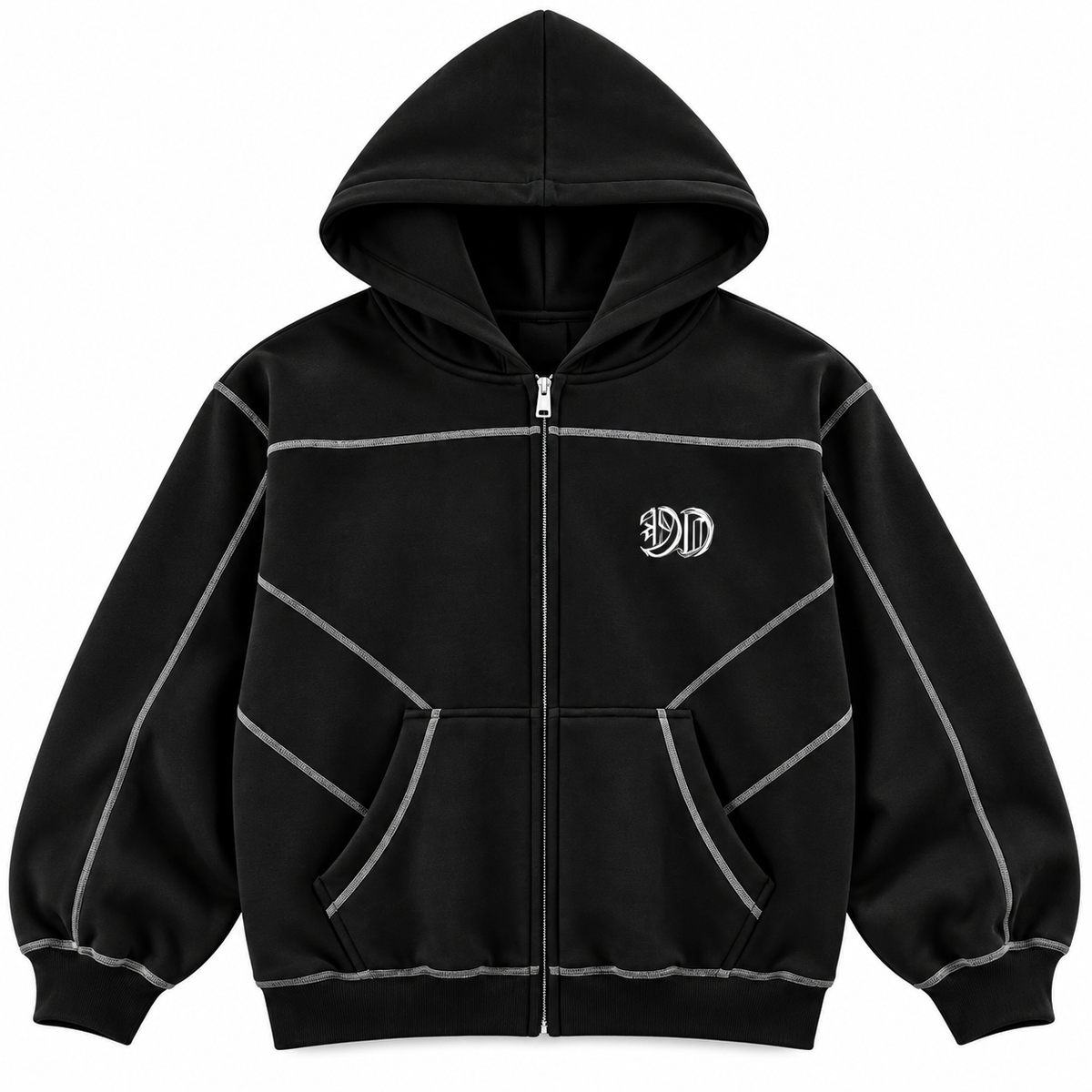 Contrast-Stitched Boxy Fleece Zip Hoodie