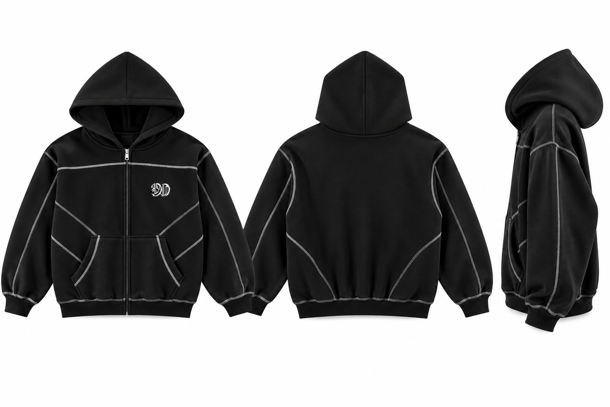 Contrast-Stitched Boxy Fleece Zip Hoodie