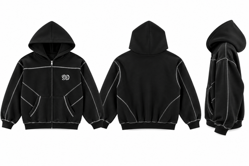 Contrast-Stitched Boxy Fleece Zip Hoodie